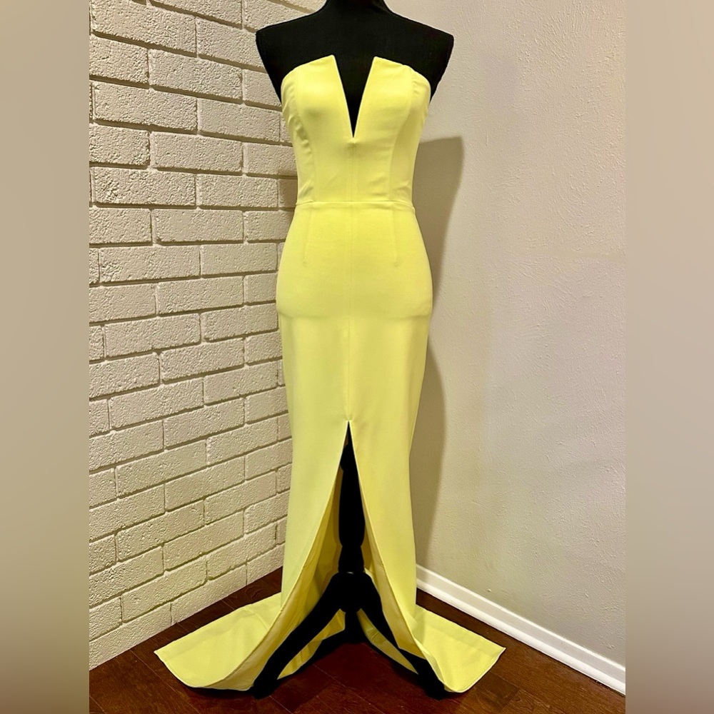 Abyss by Abby Leo Strapless Yellow Gown XS | Deep V Slit Prom Formal Dress